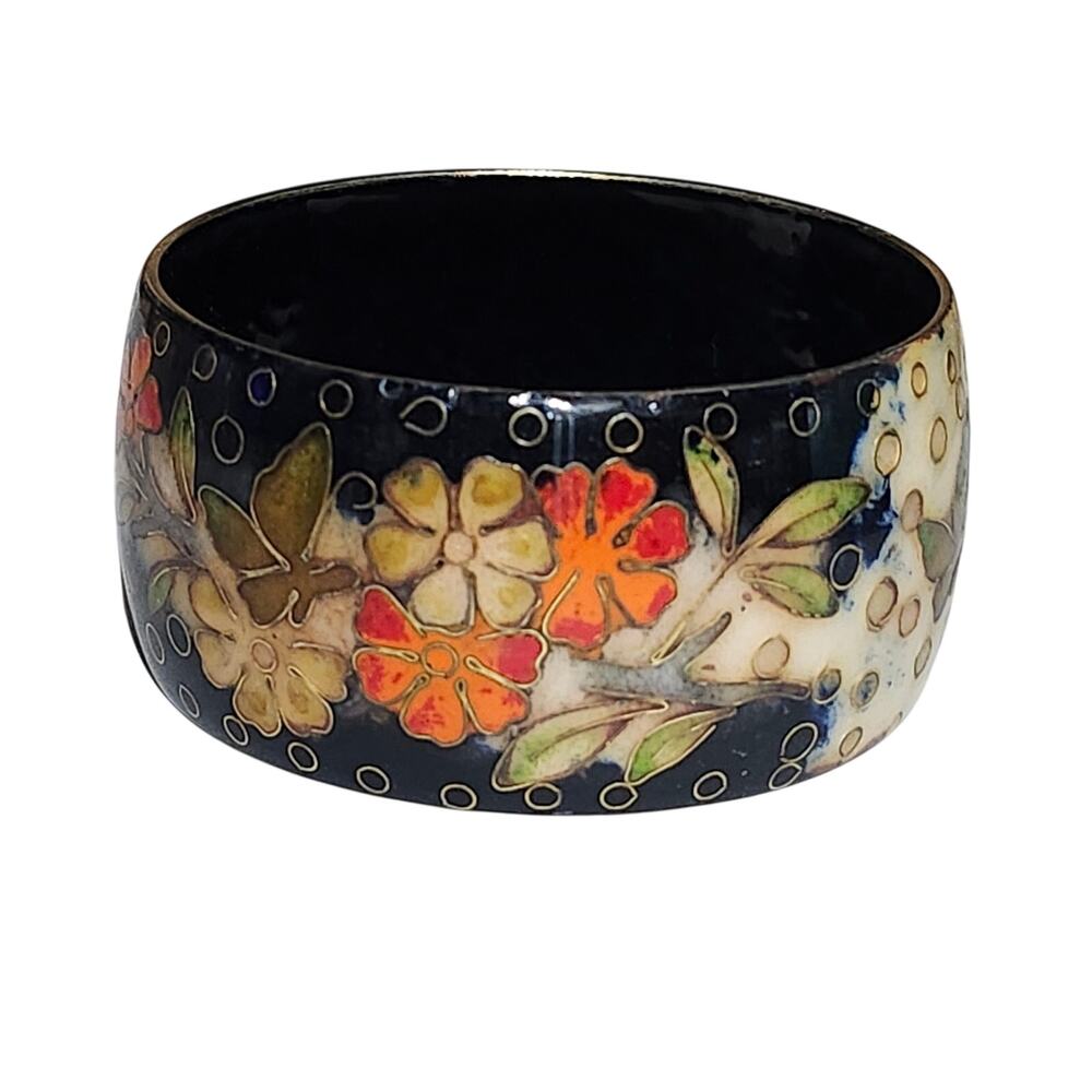 Vintage 1980s David Kuo Style Floral Champleve Enamel Brass Wide Bangle Bracelet